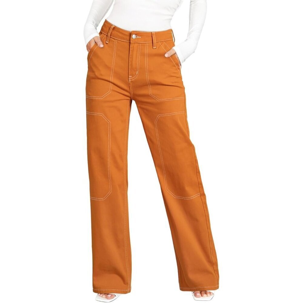 Women's Gold Flame Casual Mid Waist Stretch Button Wide Leg Denim Cargo Pants